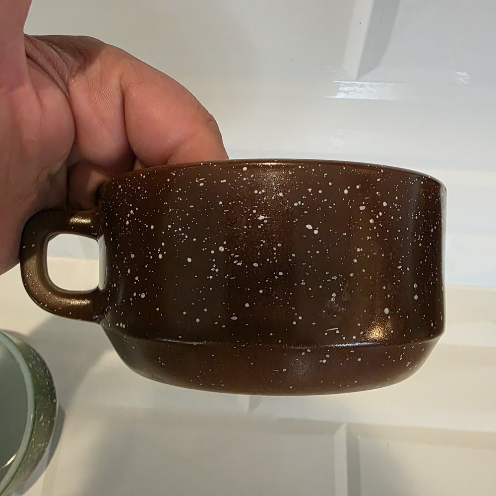 Anchor Hocking Fire King‎ D Handle Green & Brown Speckled Stackable Soup Bowls - Picture 4 of 10